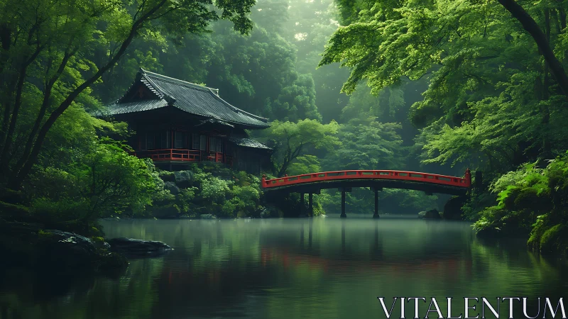 Mist-laden Japanese garden with vermilion bridge and lakeside shrine