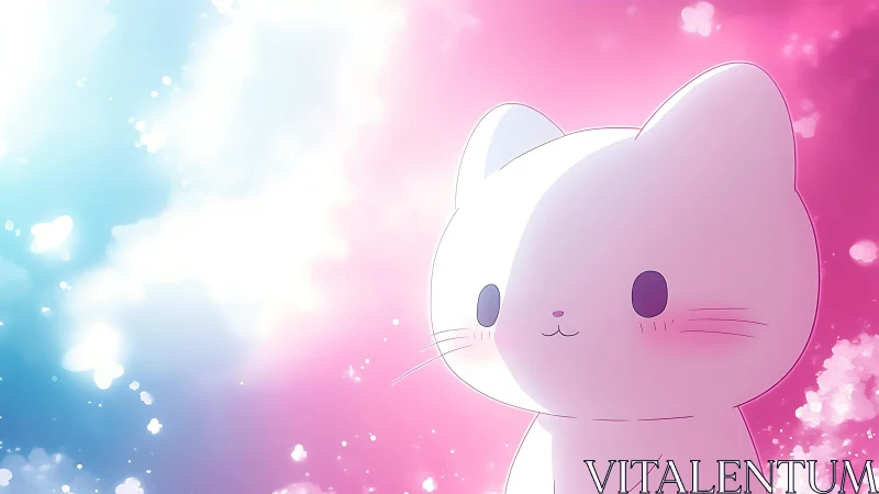 Soft white anime kitten smiles in dreamy pink blue glow
