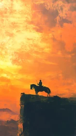 Silhouetted mounted figure stands on cliff against orange sky