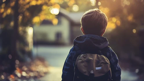 Child with backpack walking toward home at sunset.