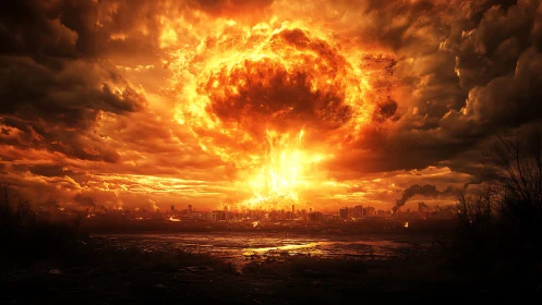 Urban skyline under massive fiery nuclear explosion.