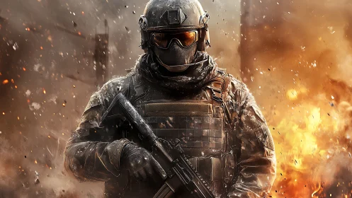 Digital painting of tactical soldier amid kinetic firestorm.