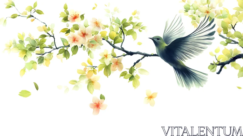 Bird in Flight Among Yellow Flowering Branches