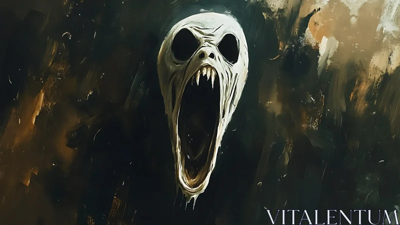 Elongated spectral skull screams against chaotic abstract void