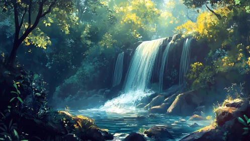 Radiant Waterfall in Enchanted Forest with Golden Canopy.