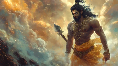 Muscular warrior holding ornate axe amid swirling storm clouds