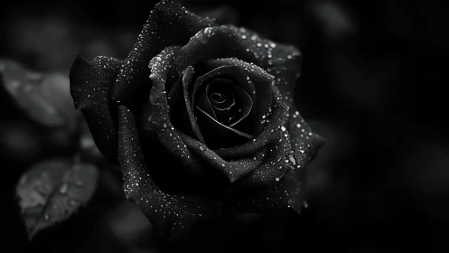 Midnight-black rose with dewdrops in dramatic close-up focus.