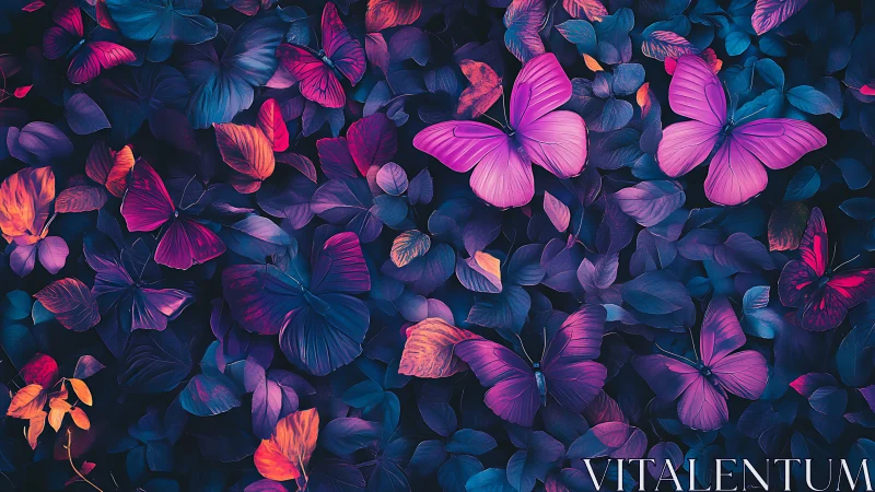 Neon twilight butterflies drift across midnight jungle leaves