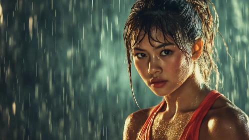 Intense athletic portrait under dramatic studio rain.