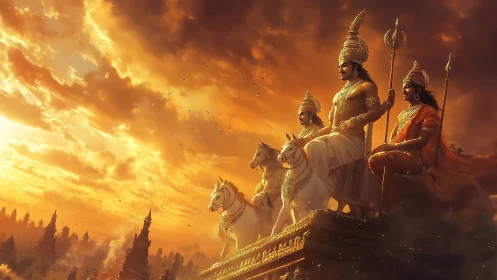 Sun-forged warrior chariot rides across mythic heavens.