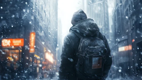 Backpacked figure studies blizzard dynamics in neon city street