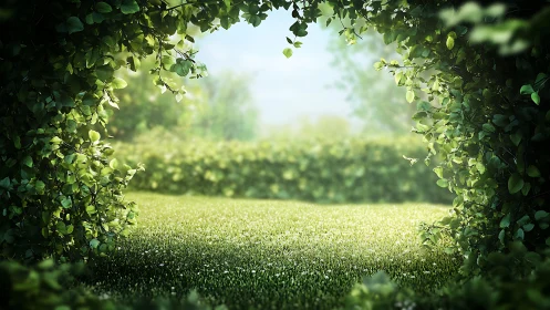 Sunlit garden clearing framed by lush green foliage arch