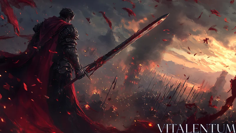 Lone armored warrior gazes over a burning battlefield at dusk.