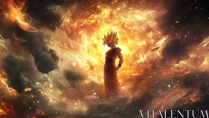 Solar storm warrior ignites amid roaring cosmic inferno.