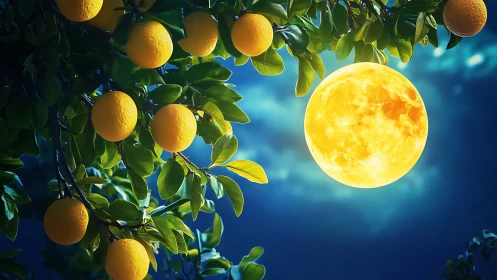 Midnight lemon grove orbiting a glowing moon-fruit twin.