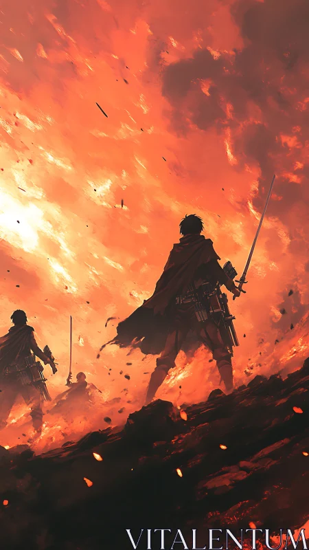 Warriors stand beneath a burning sky of fire and ash.