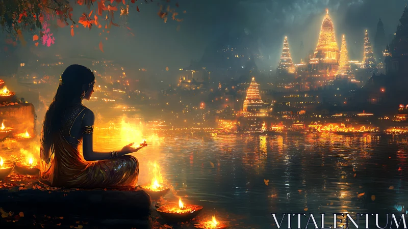 Riverbank meditation before luminous temple cityscape.