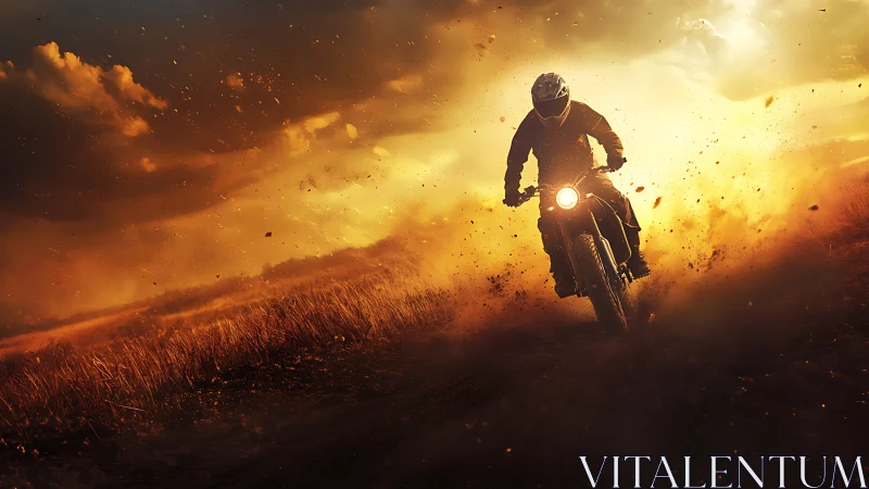 Motorcyclist charges through fiery sunset dust storm