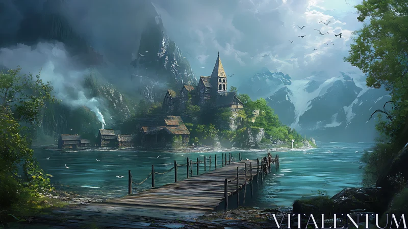 Medieval castle on island surrounded by mountains and water