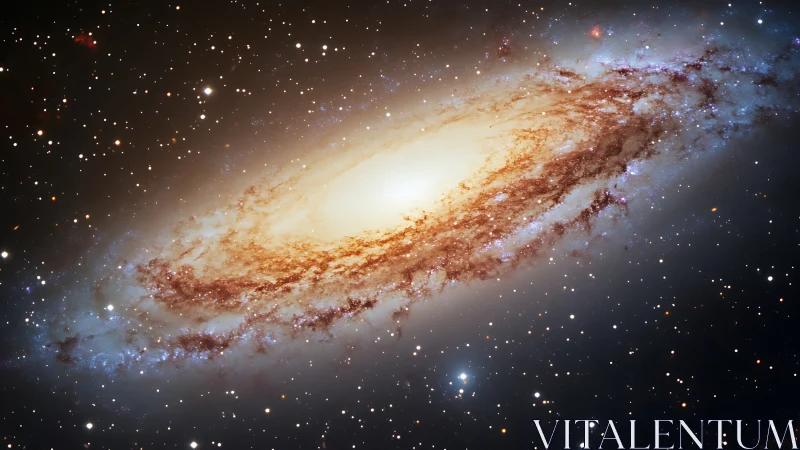 Spiral galaxy viewed edge-on displays dust lanes and core