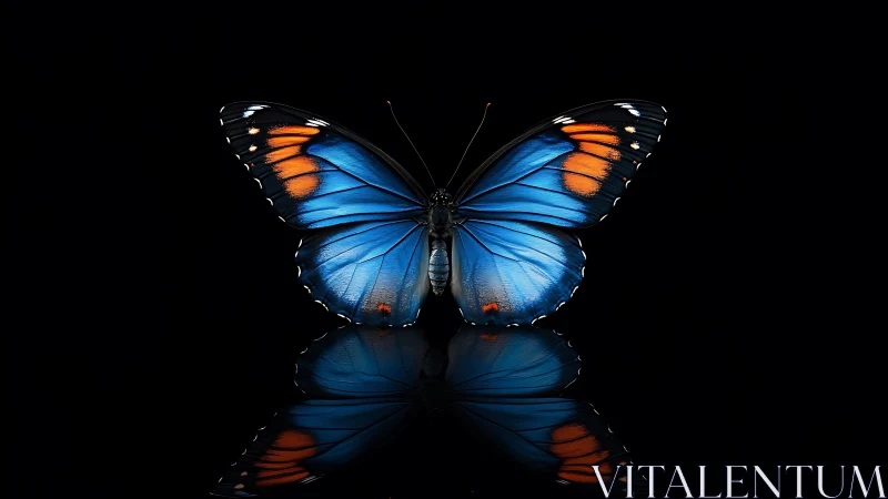 Glowing blue butterfly resting gently in a quiet reflection.