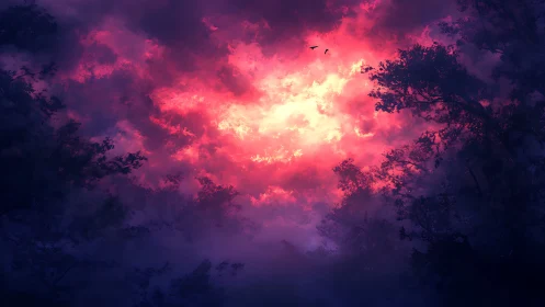 Crimson stormlight burns through a dark, dreamlike forest sky