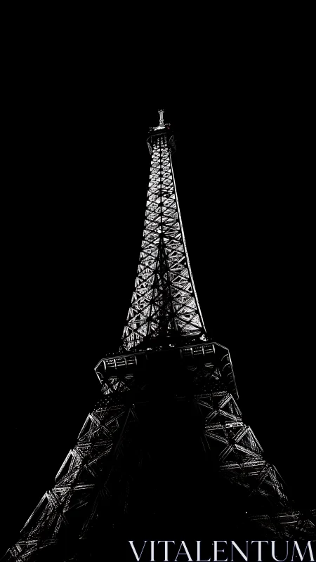 Monochrome Eiffel Tower silhouette in high-contrast night study.