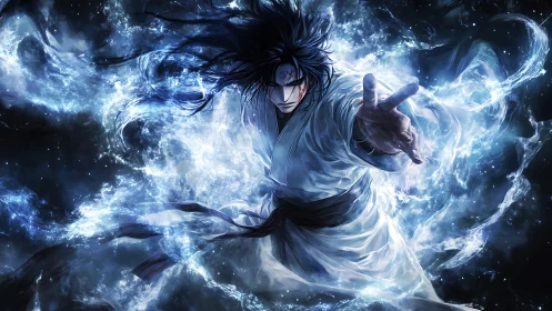 Energetic anime duelist channeling turbulent blue ether field.