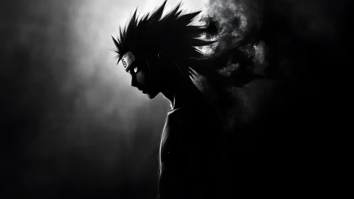 Shadowlit ninja silhouette in swirling monochrome mist.