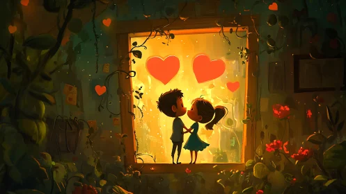 Two Children Kiss Through Window Framed by Glowing Hearts