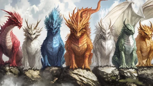 Seven elemental dragons sit aligned on rocky mountain ridge