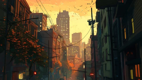 Urban street canyon at sunset with dense midrise buildings.