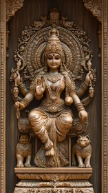 Intricate wooden relief sculpture depicts seated Hindu goddess