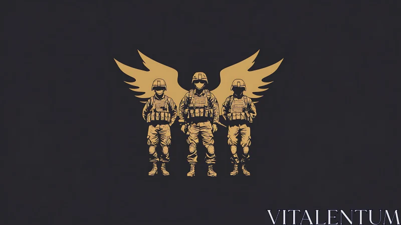 Winged squad of soldiers in minimalist golden silhouette.