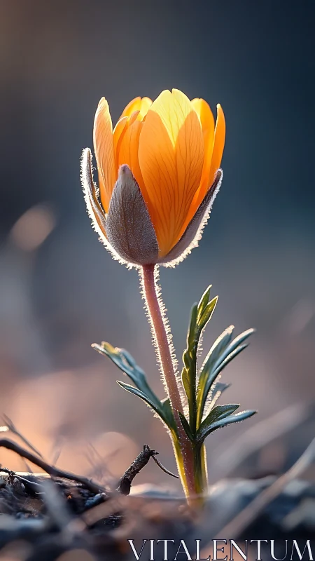 Macro portrait of a backlit orange wildflower in sunrise glow.