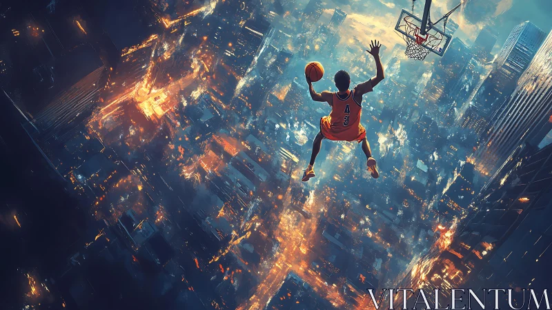 Basketball player suspended midair above luminous futuristic city