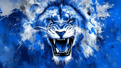 Cobalt roar: electric lion bursting through paintstorm.