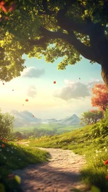 Sunlit dirt path leads through lush valley toward distant mountains.