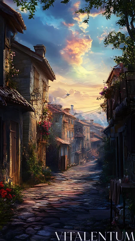Sunset stroll welcomes you down a quiet stone village lane