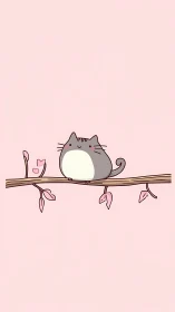 Chubby Cat Perches on Branch, Cradling Hearts Against Soft Pink