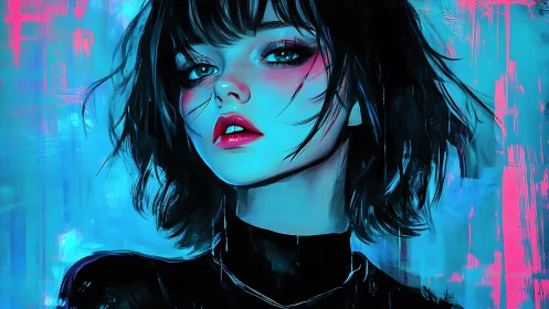 Neon dusk girl with electric gaze in cyan magenta storm.