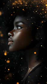 Side-profile digital portrait fusing afro silhouette and bokeh light field
