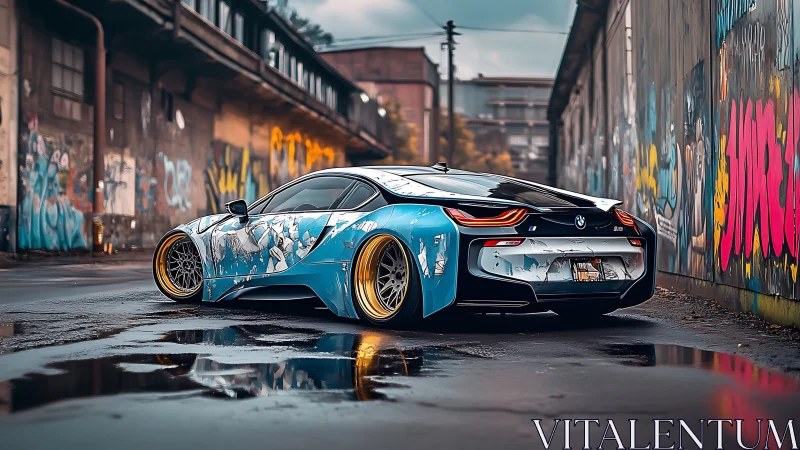 Graffiti-kissed BMW i8 prowls through neon-soaked backstreets.