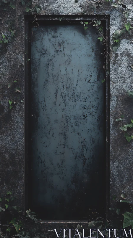 Weathered metal doorway framed by creeping ivy and mossy stone.