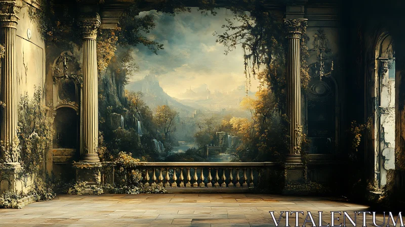 Sunlit ruins opening onto a misty, dreamlike valley vista.