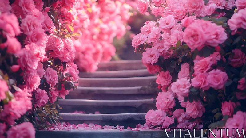 Architectural Pathway Framed by Densely Clustered Pink Camellia Blooms