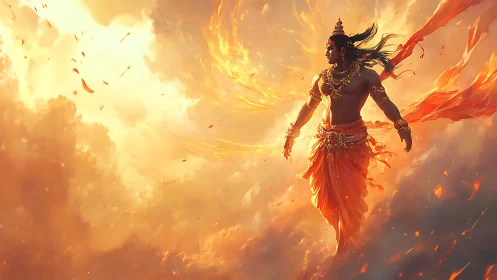 Mythic warrior floats in blazing golden cloud sky scene.