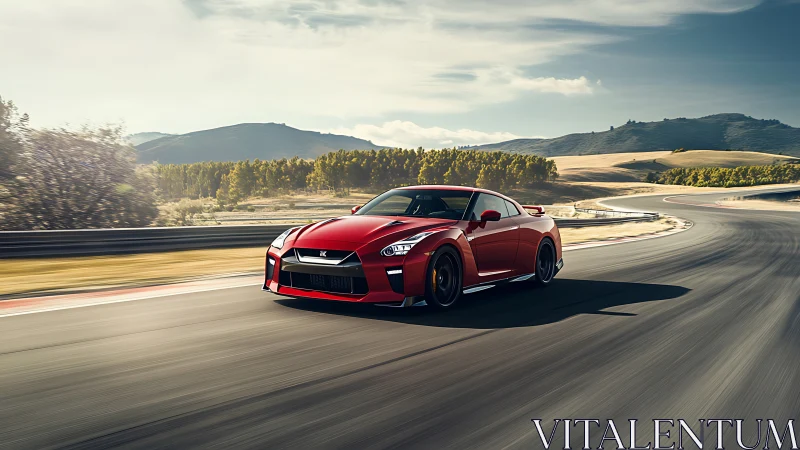 Red sports car driving fast on empty race track at sunset.