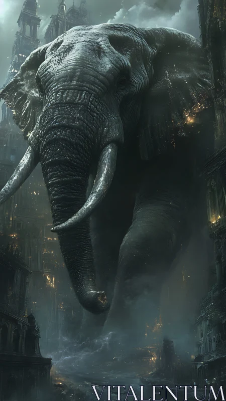 Colossal stone elephant strides through a ruined dark city.