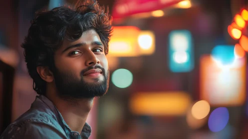 Young man in shallow-depth night portrait with neon bokeh glow